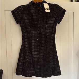 Zara Black Plaid Sheath Polo Collar Mini Dress